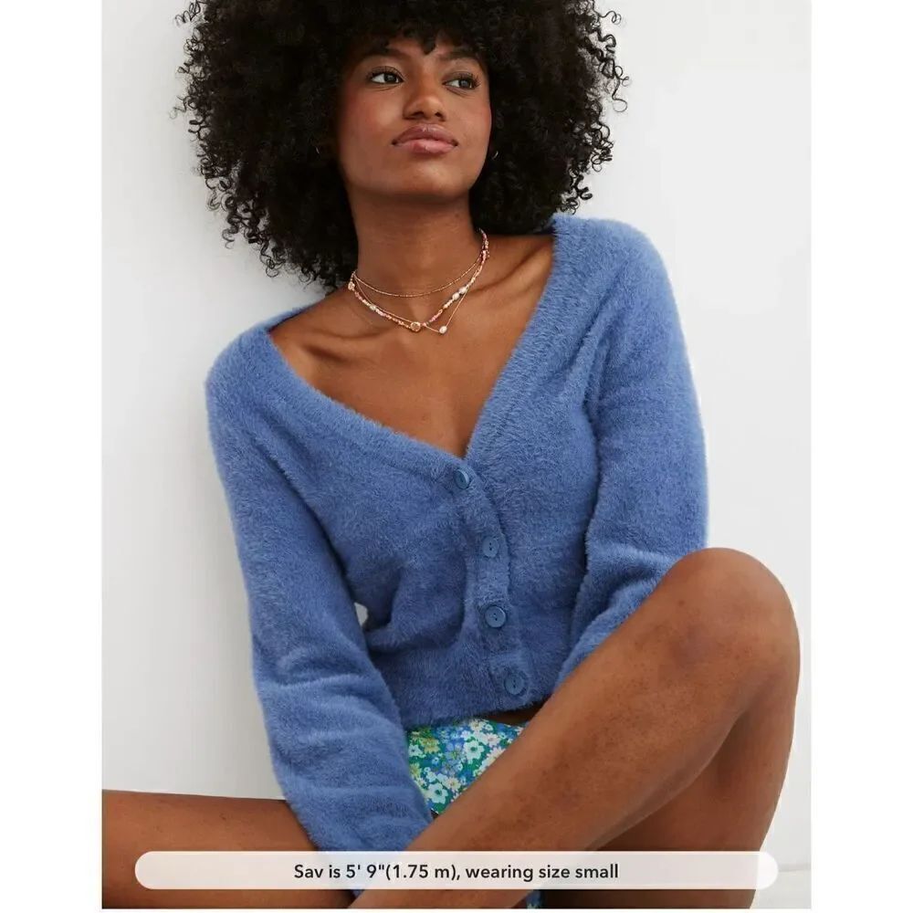 Aerie Blue Fuzzy cropped cardigan L